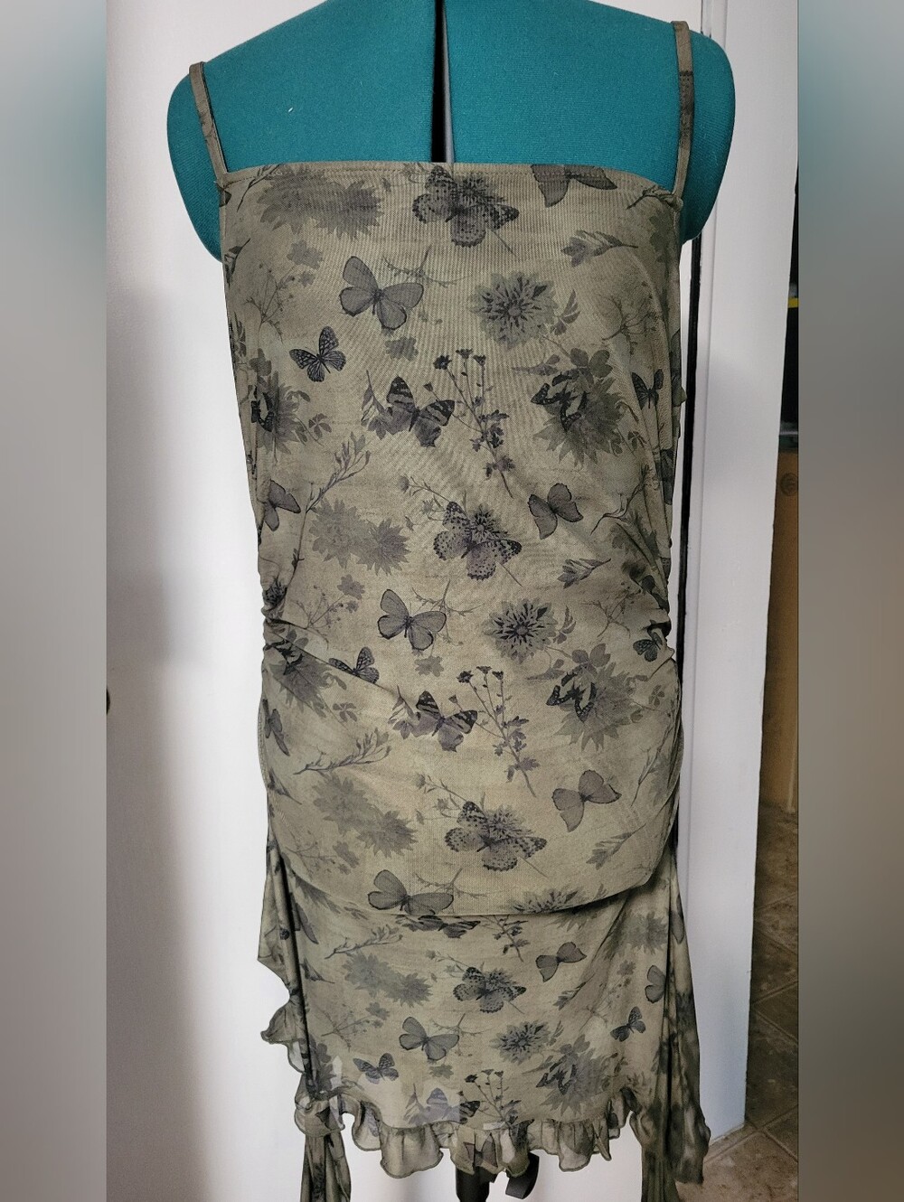 Grunge Whinsigoth Olive Green Butterfly Print Spaghetti Strap Dress- NWT